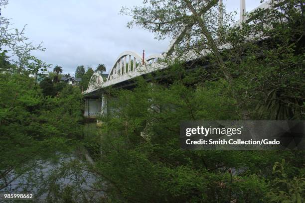 Low-angle view of Fairfield Bridge, an iconic road bride in Hamilton, New Zealand, November, 2017.