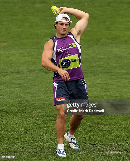 Cooper Cronk of the Storm limbers up during a Melbourne Storm NRL training session at Visy Park on April 22, 2010 in Melbourne, Australia.