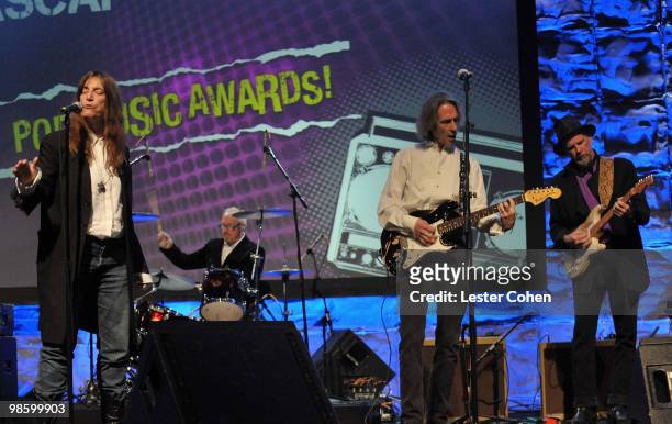 Singer/songwriter Patti Smith, Jay Dee Daugherty, Lenny Kaye and Tony Shanahan onstage at the 27th Annual ASCAP Pop Music Awards held at the...