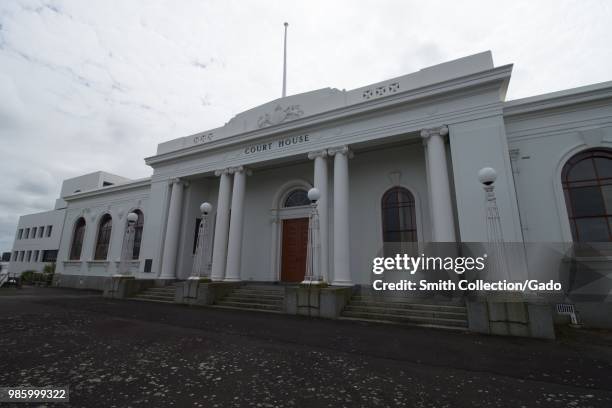 Facade of the Hamilton Courthouse on an overcast day in Hamilton, New Zealand, November, 2017.