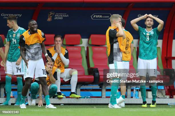 Antonio Ruediger of Germany Matthias Ginter of Germany Jonas Hector of Germany reacts following there team's loss during the 2018 FIFA World Cup...