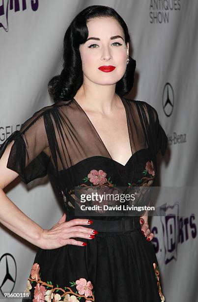 Personality Dita Von Teese attends the 15th Annual Los Angeles Antique Show Opening Night Preview Party benefiting P.S. ARTS at Barker Hanger on...