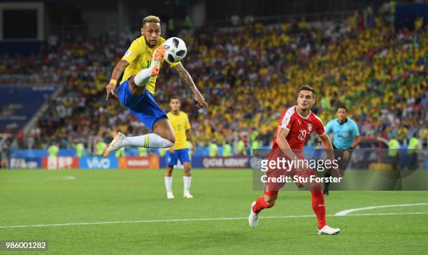 Brazil player Neymar Jr in action during the 2018 FIFA World Cup Russia group E match between Serbia and Brazil at Spartak Stadium on June 27, 2018...