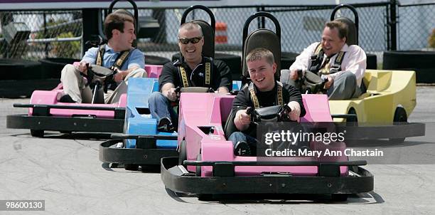 Justin Allgaier, driver of the Verizon Wireless Dodge challenges fans and media to a go-kart race at the NASCAR Speedpark on April 21, 2010 in Myrtle...
