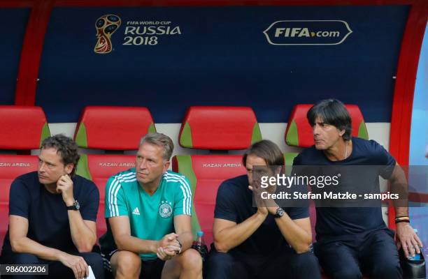 Coach Joachim Loew of Germany Co Trainer Thomas Schneider of Germany Andreas Koepcke and Marcus Sorg during the 2018 FIFA World Cup Russia group F...