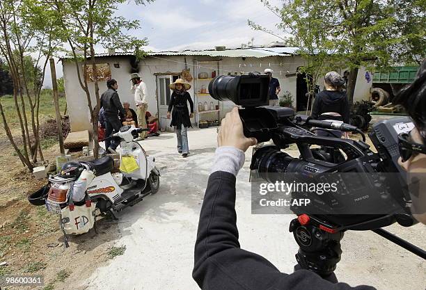 Lebanese actors film an episode of the online series "Shankabout", in the Bekaa Valley village of Taalabaya on April 13, 2010. Driving through...