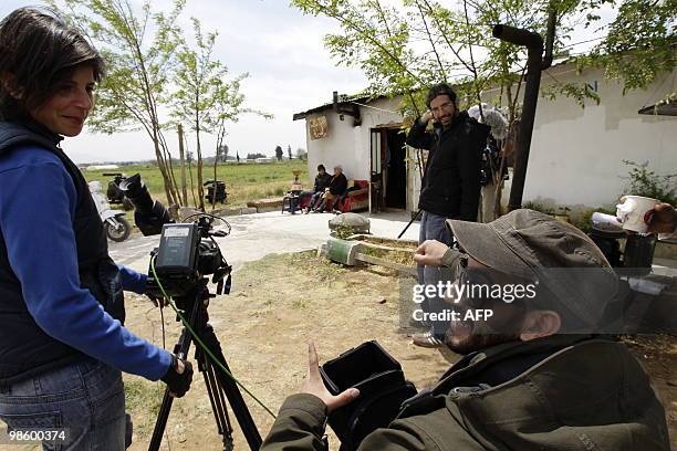 Lebanese Director Amin Dora directs action during filming of the online series "Shankabout", in the Bekaa Valley village of Taalabaya on April 13,...