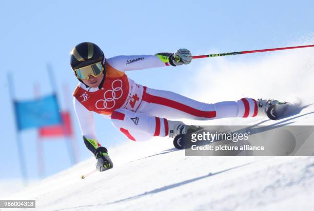 Bernadette Schild from Austria in action during the women's alpine skiing event of the 2018 Winter Olympics in the Yongpyong Alpine Centre in...