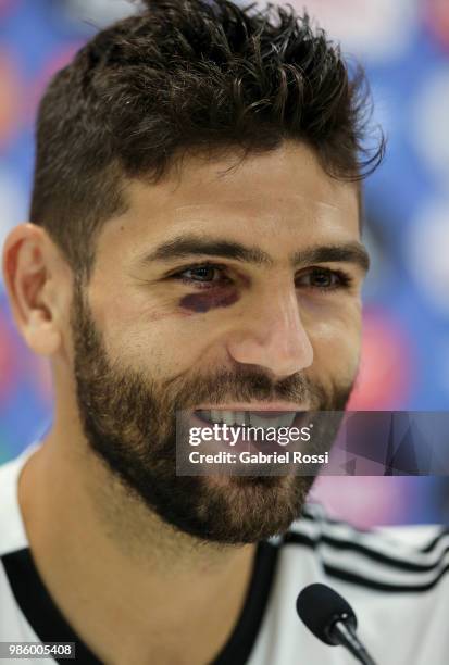 Federico Fazio of Argentina smiles during a press conference at Stadium of Syroyezhkin sports school on June 27, 2018 in Bronnitsy, Russia.