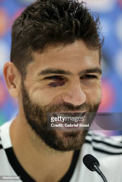 Federico Fazio of Argentina smiles during a press conference at Stadium of Syroyezhkin sports school on June 27, 2018 in Bronnitsy, Russia.