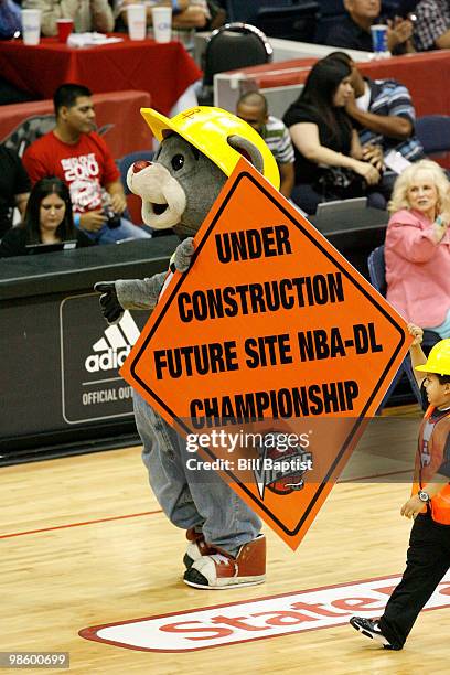 Clutch the Bear the Houston Rockets mascot excites the fans of the Rio Grande Valley Vipers during the Vipers 99-98 victory over the Austin Toros to...