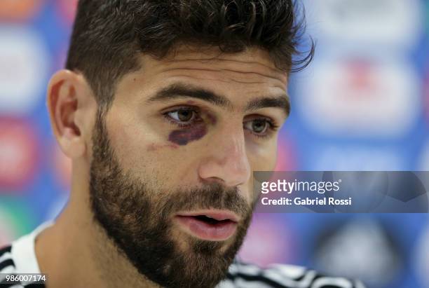Federico Fazio of Argentina speaks during a press conference at Stadium of Syroyezhkin sports school on June 27, 2018 in Bronnitsy, Russia.