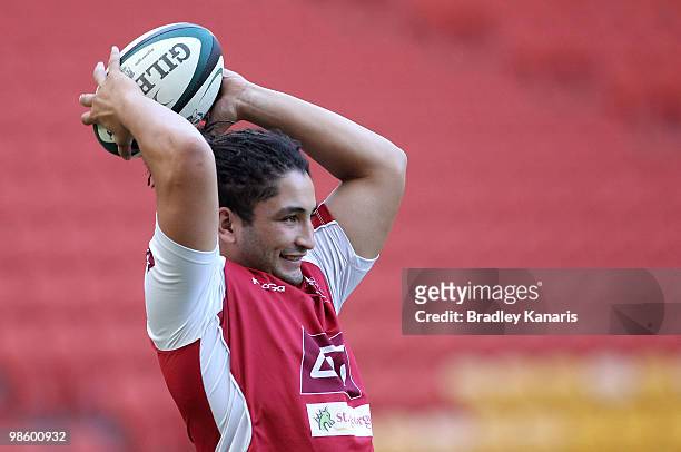 Saia Faingaa throws for the line out during the Reds Super 14 training session at Suncorp Stadium on April 22, 2010 in Brisbane, Australia.