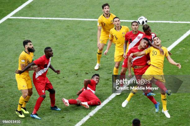 June 26: Trent Sainsbury of Australia and Pedro Aquino of Peru battle for a corner kick during the 2018 FIFA World Cup Russia group C match between...