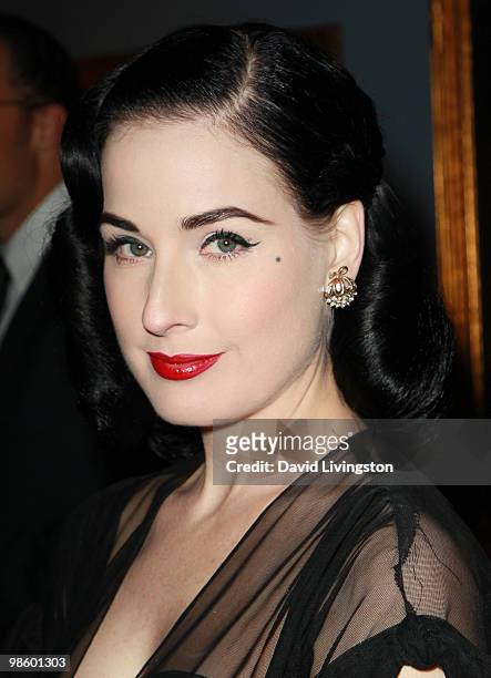 Personality Dita Von Teese attends the 15th Annual Los Angeles Antique Show Opening Night Preview Party benefiting P.S. ARTS at Barker Hanger on...