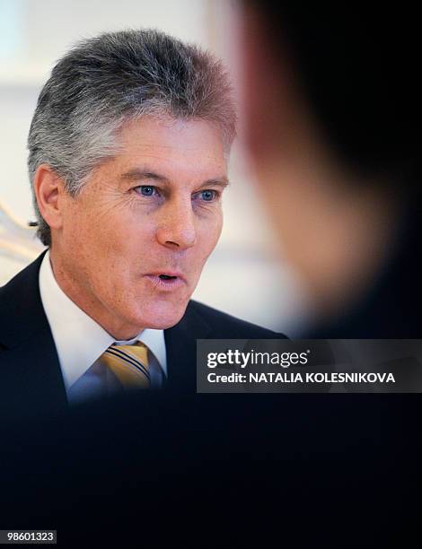 Stephen Smith , Australian Foreign Minister speaks with Russian Foreign Minister Sergei Lavrov , unseen, during their meeting in Moscow, on April 22,...