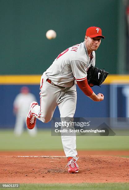 Roy Halladay of the Philadelphia Phillies pitches against the Atlanta Braves at Turner Field on April 21, 2010 in Atlanta, Georgia. The Phillies...