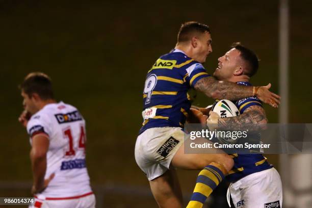 Nathan Brown of the Eels celebrates scoring a try during the round 16 NRL match between the St George Illawarra Dragons and the Parramatta Eels at...