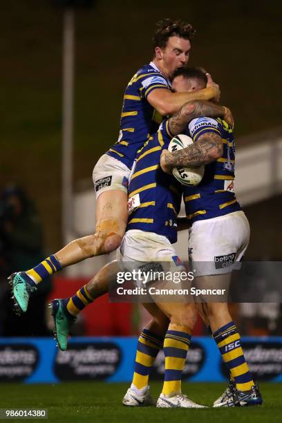 Nathan Brown of the Eels celebrates scoring a try during the round 16 NRL match between the St George Illawarra Dragons and the Parramatta Eels at...