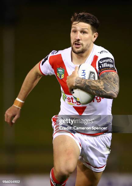 Gareth Widdop of the Dragons runs the ball during the round 16 NRL match between the St George Illawarra Dragons and the Parramatta Eels at WIN...