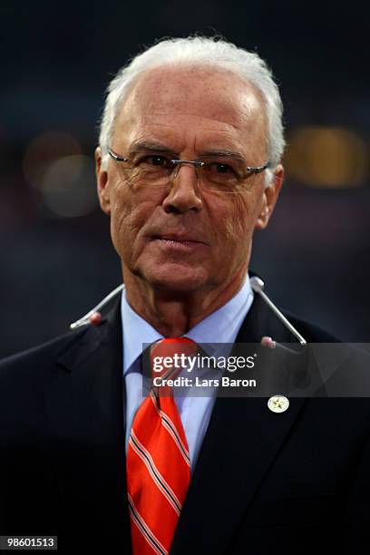 Franz Beckenbauer of Bayern looks on ahead of the UEFA Champions League semi final first leg match between FC Bayern Muenchen and Olympic Lyon at...