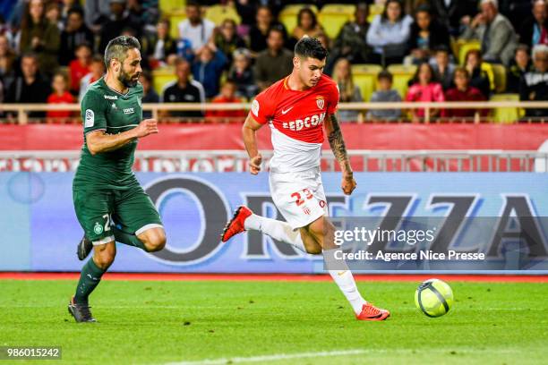 Loic Perrin of Saint Etienne and Pietro Pellegri of Monaco during the Ligue 1 match between AS Monaco and AS Saint-Etienne at Stade Louis II on May...