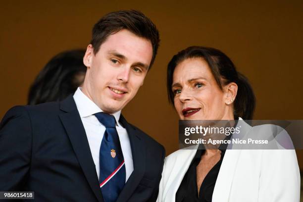 Louis Ducruet and Princess Stephanie of Monaco during the Ligue 1 match between AS Monaco and AS Saint-Etienne at Stade Louis II on May 12, 2018 in...