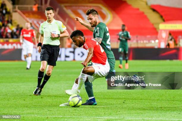 Thomas Lemar of Monaco and Mathieu Debuchy of Saint Etienne during the Ligue 1 match between AS Monaco and AS Saint-Etienne at Stade Louis II on May...