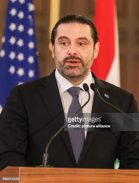 Lebanese Prime Minister Saad Hariri speaks during a joint press conference with US Secretary of State Rex Tillerson following their meeting at the...