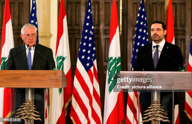 Lebanese Prime Minister Saad Hariri and US Secretary of State Rex Tillerson hold a joint press conference following their meeting at the Government...