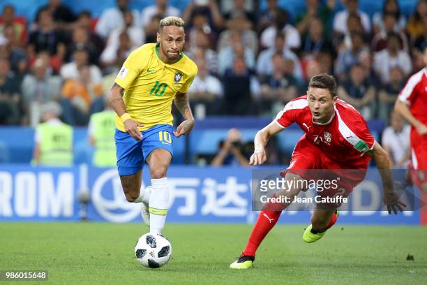 Neymar Jr of Brazil, Nemanja Matic of Serbia during the 2018 FIFA World Cup Russia group E match between Serbia and Brazil at Spartak Stadium on June...