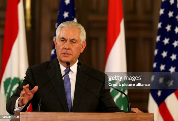 Secretary of State Rex Tillerson speaks during a joint press conference with Lebanese Prime Minister Saad Hariri following their meeting at the...