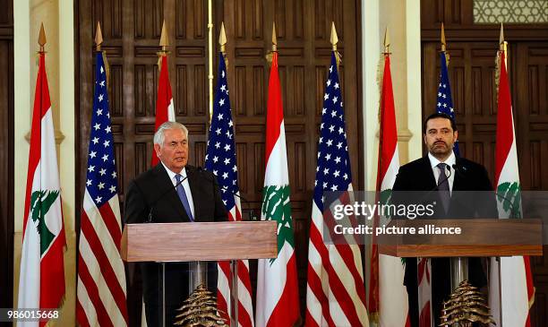 Lebanese Prime Minister Saad Hariri and US Secretary of State Rex Tillerson hold a joint press conference following their meeting at the Government...