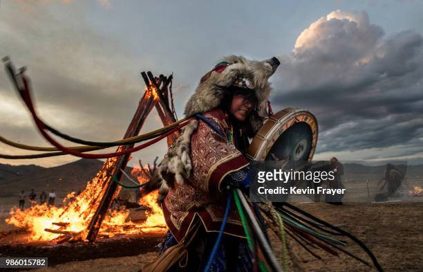 Mongolian Shamaness or Buu, beats her drum while taking part with others in a fire ritual meant to summon spirits to mark the period of the Summer...