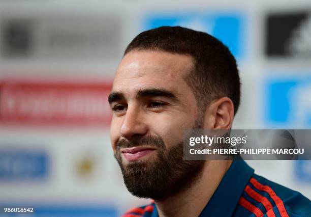 Spain's defender Dani Carvajal attends a press conference at Krasnodar Academy on June 28 during the Russia 2018 World Cup football tournament.