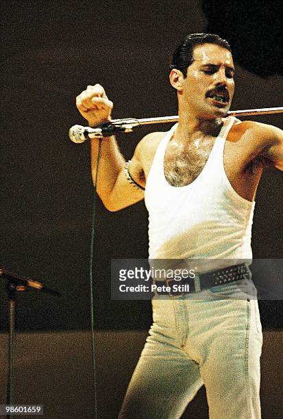 Freddie Mercury of Queen performs on stage at Live Aid on July 13th, 1985 in Wembley Stadium, London, England