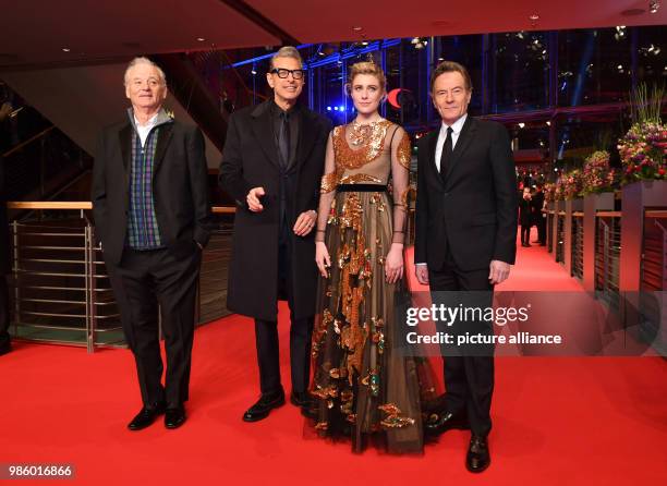 February 2018, Berlin: Berlinale, Opening, 'Isle of Dogs': Bill Murray , Jeff Goldblum, Greta Gerwig and Bryan Cranston. Photo: Jens Kalaene/dpa