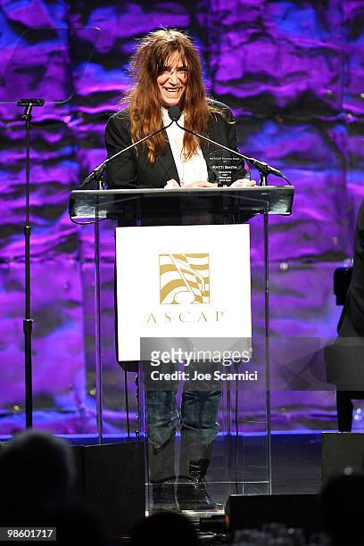 Patti Smith accepts her ASCAP award at the 27th Annual ASCAP Pop Music Awards Show at Renaissance Hollywood Hotel on April 21, 2010 in Hollywood,...