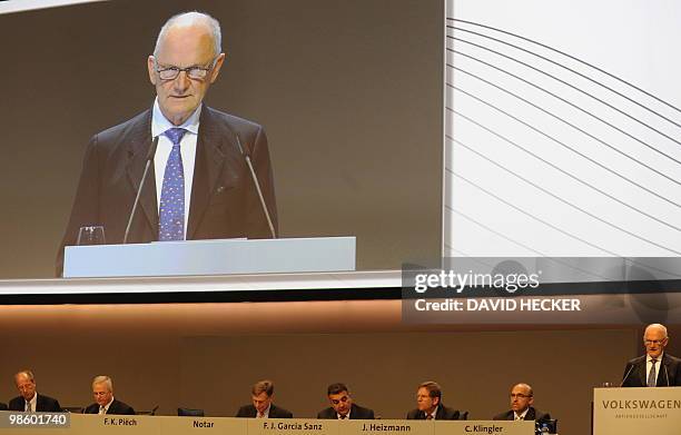 Ferdinand Piech, supervisory board chairman of German carmaker Volkswagen , is displayed on a giant screen as he talks to the shareholders during the...