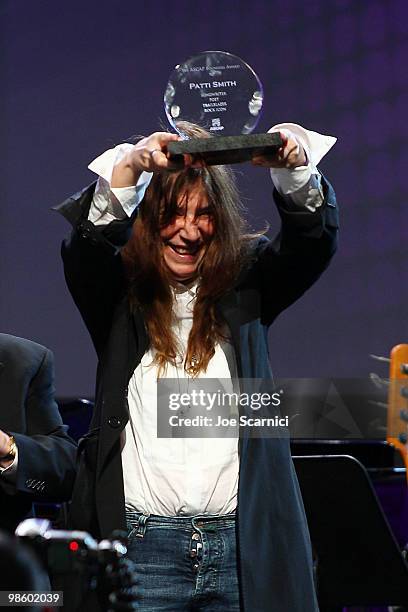 Patti Smith accepts her ASCAP award at the 27th Annual ASCAP Pop Music Awards Show at Renaissance Hollywood Hotel on April 21, 2010 in Hollywood,...