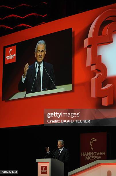 Italian Minister for economic development Claudio Scajola speaks during the opening of the Hannover Messe trade fair for business and industry on the...