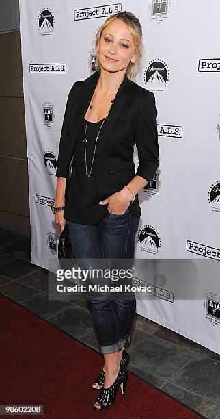 Actress Christine Taylor arrives at the Project A.L.S. LA Benefit hosted by Ben Stiller & Friends at Lucky Strike Bowling Alley on April 21, 2010 in...