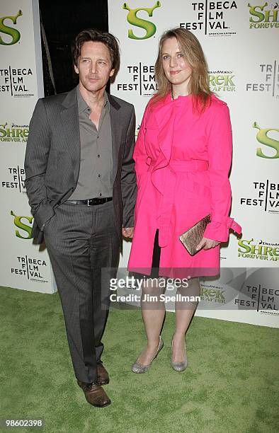 Actor Andrew McCarthy and Dolores Rice attend the "Shrek Forever After" premiere during the 9th Annual Tribeca Film Festival at the Ziegfeld Theatre...