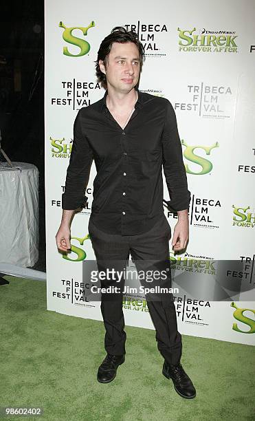 Actor Zach Braff attends the "Shrek Forever After" premiere during the 9th Annual Tribeca Film Festival at the Ziegfeld Theatre on April 21, 2010 in...