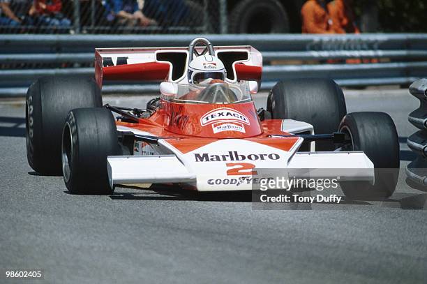 Jochen Mass drives the Marlboro McLaren Ford M23 during the Grand Prix of Monaco on 22 May 1977 on the streets of the Principality of Monaco in Monte...