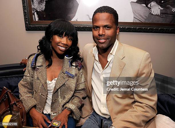 Singer Brandy and media personality A.J. Calloway attend the NFL and Verizon 2010 NFL Draft Eve Celebration at Abe & Arthur's on April 21, 2010 in...