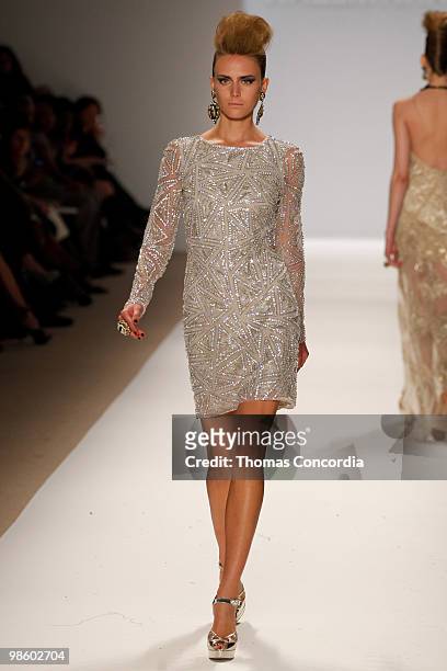 Model walks the runway at the Naeem Khan Fall 2010 show during Mercedes-Benz Fashion Week on February 18, 2010 in New York City.