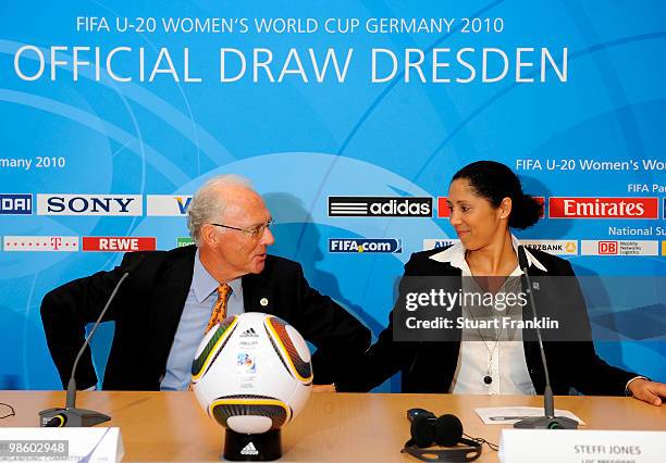 Franz Beckenbauer, chairman of the FIFA U20 and U17 Women's World Cup Committee and Steffi Jones, chairman of the Local Organising Committee during...
