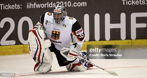 Goaltender Patrick Ehelechner of Germany warms up prior to the pre IIHF World Championship match between Germany and Norway at the Sahnpark on April...