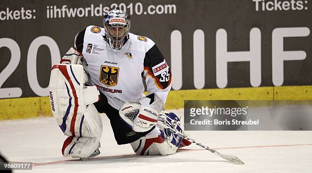 Goaltender Patrick Ehelechner of Germany warms up prior to the pre IIHF World Championship match between Germany and Norway at the Sahnpark on April...
